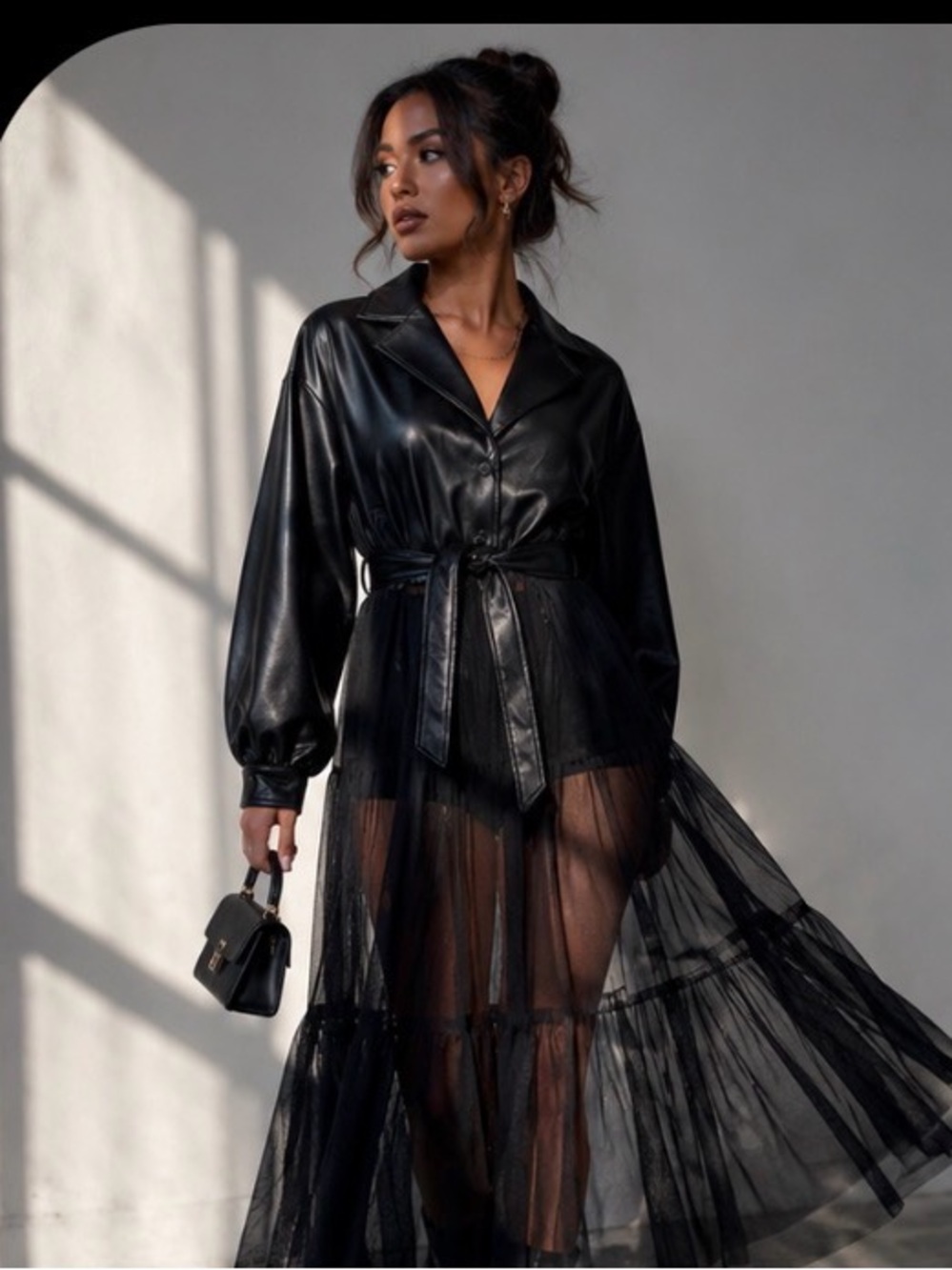 AKIRA Faux Leather & Sheer Chiffon Trench Coat Dress Black Sz S Edgy Gothic - Picture 11 of 12